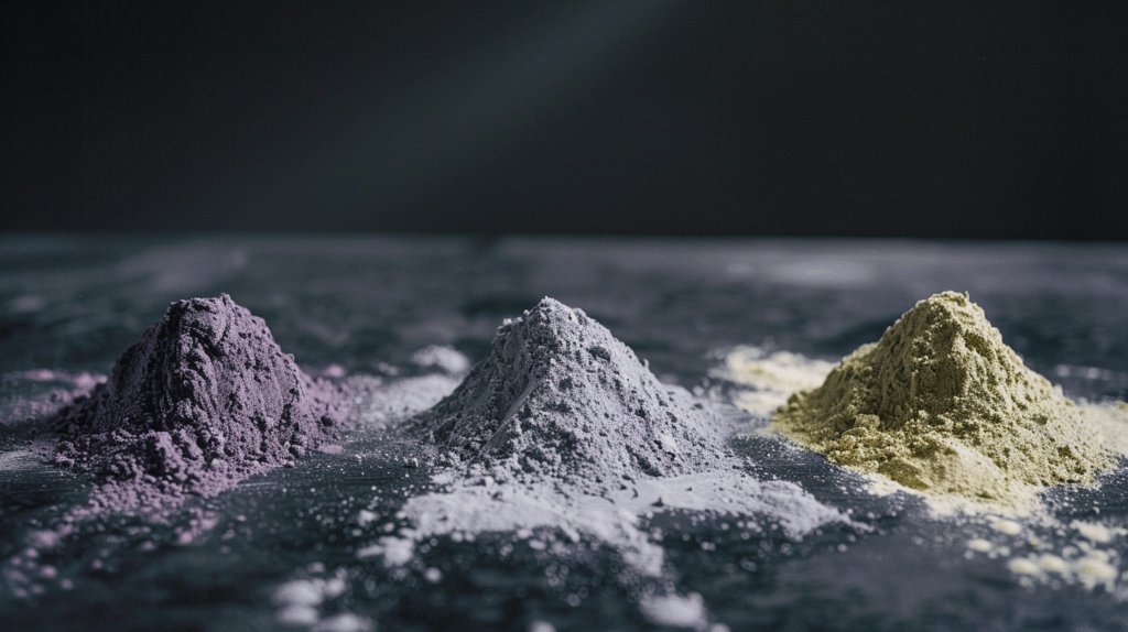 Three piles of rare earth oxides: neodymium (purple), dysprosium (gray), and praseodymium (green), arranged left to right on a dark surface.