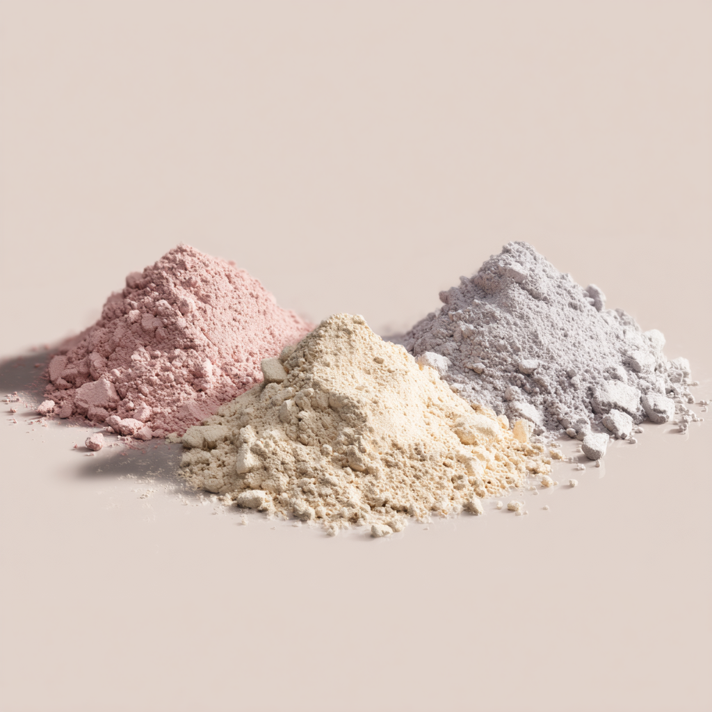 Three light-toned piles of rare earth oxides — europium (pale pink), gadolinium (beige), and samarium (off-white) — arranged left to right.